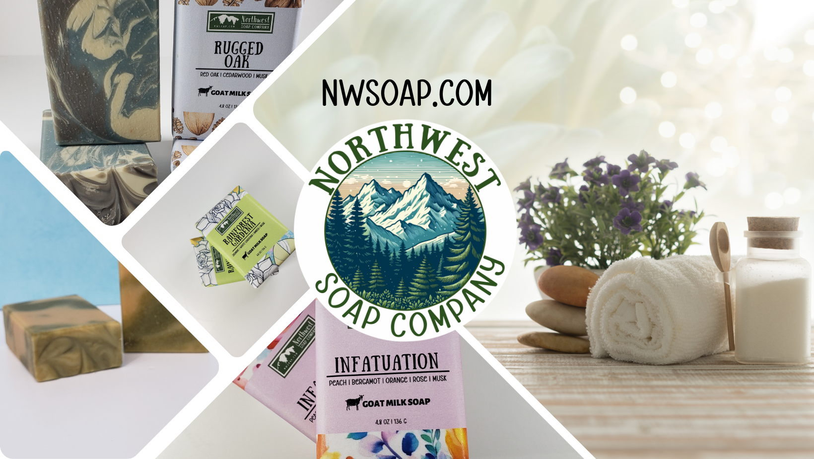Northwest Soap Company banner with picured soap, logo in the center and spa towel and salts on the right.