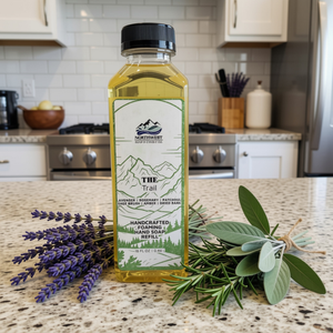 A bottle of NorthWest Soap  Co. 'The Trail' handcrafted foaming refill bottle displayed on a kitchen countertop with lavender, rosemary, and sage leaves.